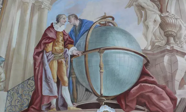 Die Erde, dargestellt als Globus, in einem Gemälde in der Galerie im Bibliothekssaal von Kloster Schussenried